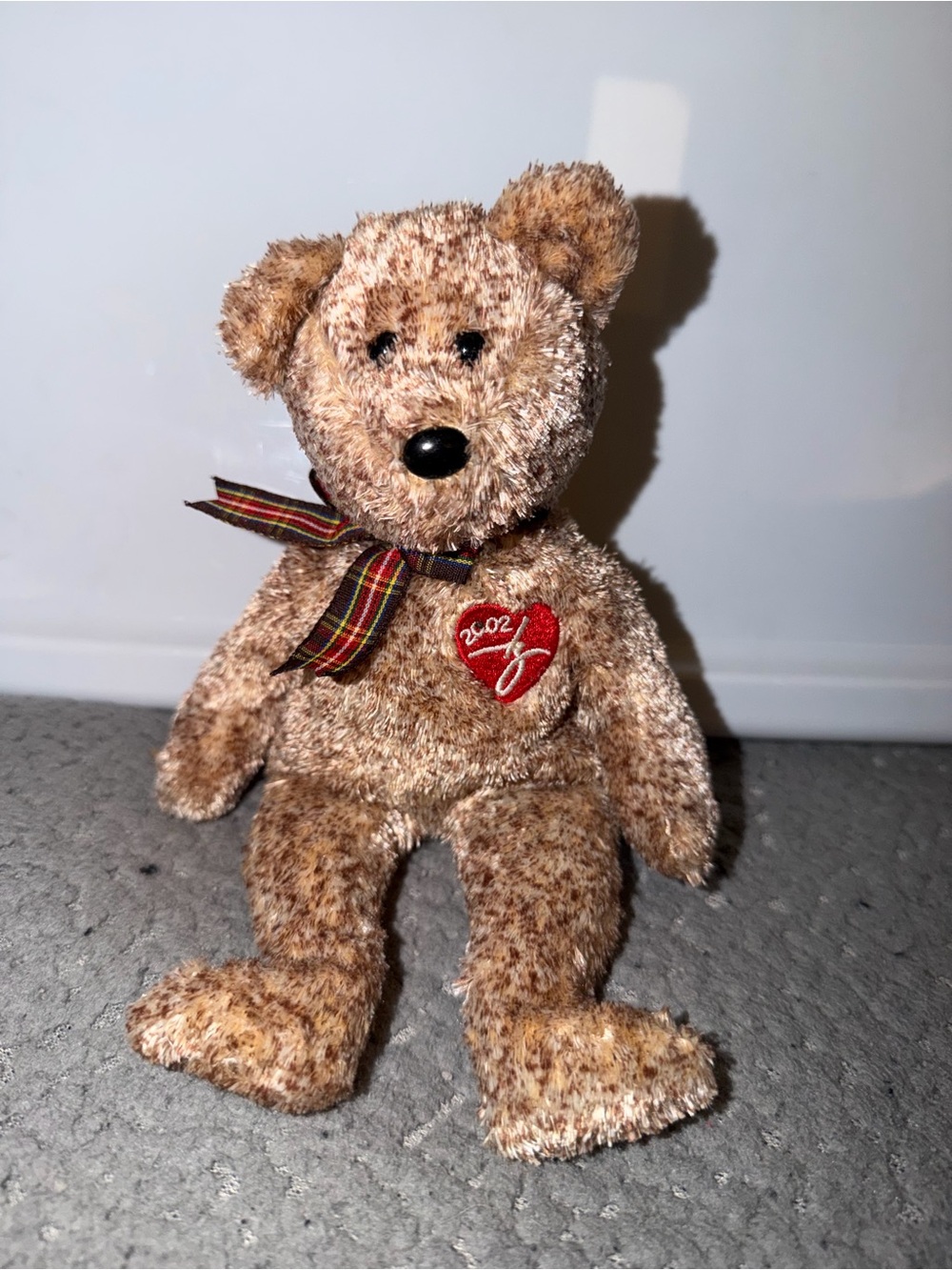 Plush Brown Teddy Bear with Plaid Bow and Heart Patch